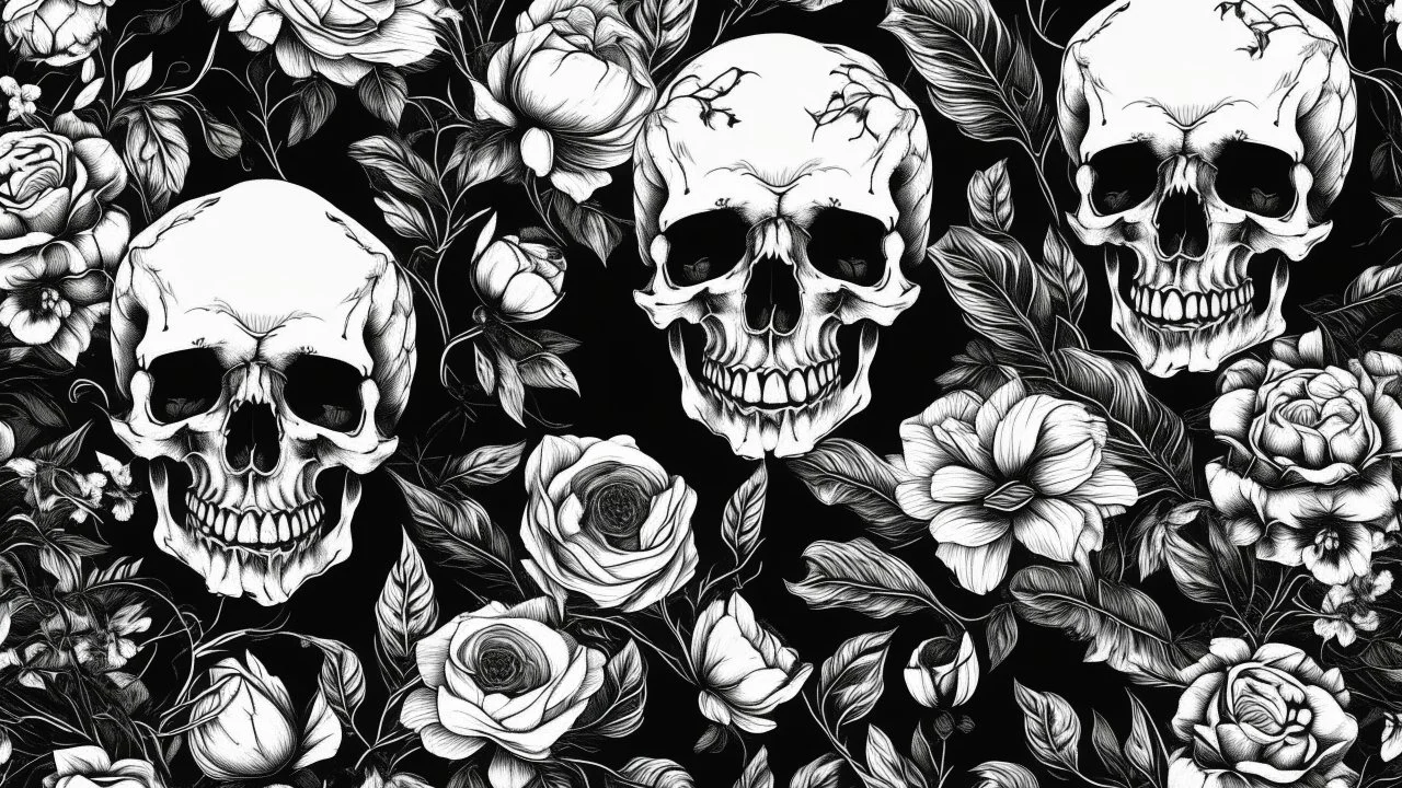 tracery of flowers and realistic skulls, black and white, Maximum minimalism