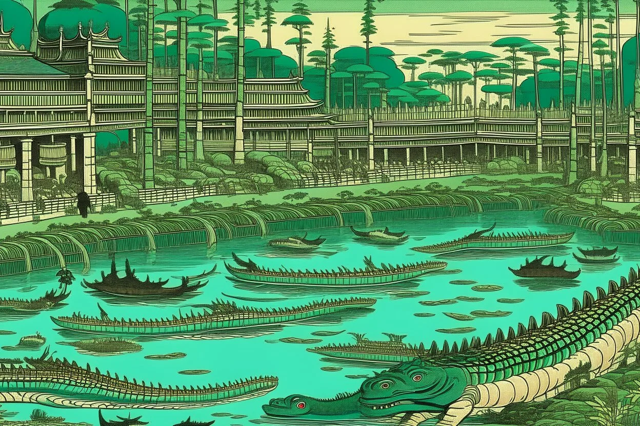 A teal poisonous swamp with crocodiles painted by Utagawa Hiroshige