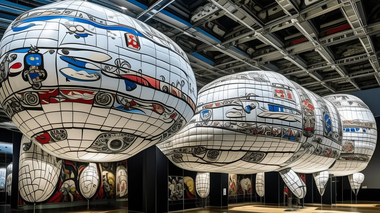 A white storm in the sky with airships designed in Maori sculptures painted by Jean Dubuffet