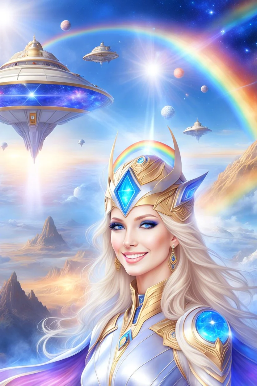 cosmic woman smile, admiral from the future, one fine whole face, crystalline skin, expressive blue eyes,rainbow, smiling lips, very nice smile, costume pleiadian, Beautiful tall woman pleiadian Galactic commander, ship, perfect datailed golden galactic suit, high rank, long blond hair, hand whit five perfect detailed finger, amazing big blue eyes, smilling mouth, high drfinition lips, cosmic happiness, bright colors, blue, pink, gold, jewels, realist, high,rainbow commander, intergalactic ufos