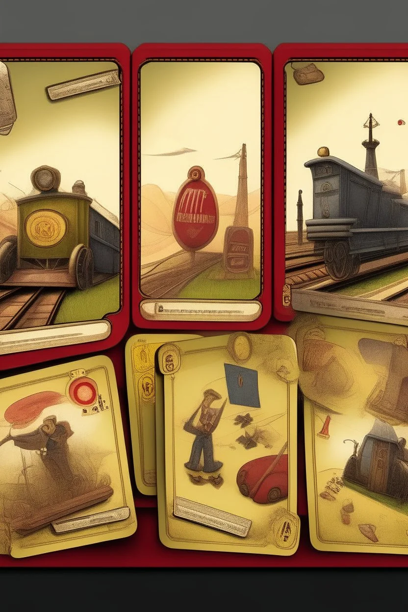 card game mockup. represents a train and a circus, wasteland theme.