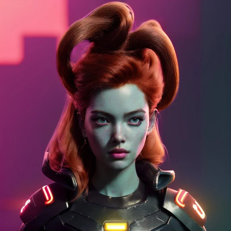 Pretty cyber woman, red hair, sci-fi, rounded face, black, gold, brown, samurai style, retro, simetric, neon style, a lot of led lights, fog, rain, leather coat, vibrant color, highly detailed, art stations, concept art, smooth, unreal engine 5, god rays, ray tracing, RTX, lumen lighting, ultra detail, volumetric lighting, 3d, finely drawn, high definition, high resolution.