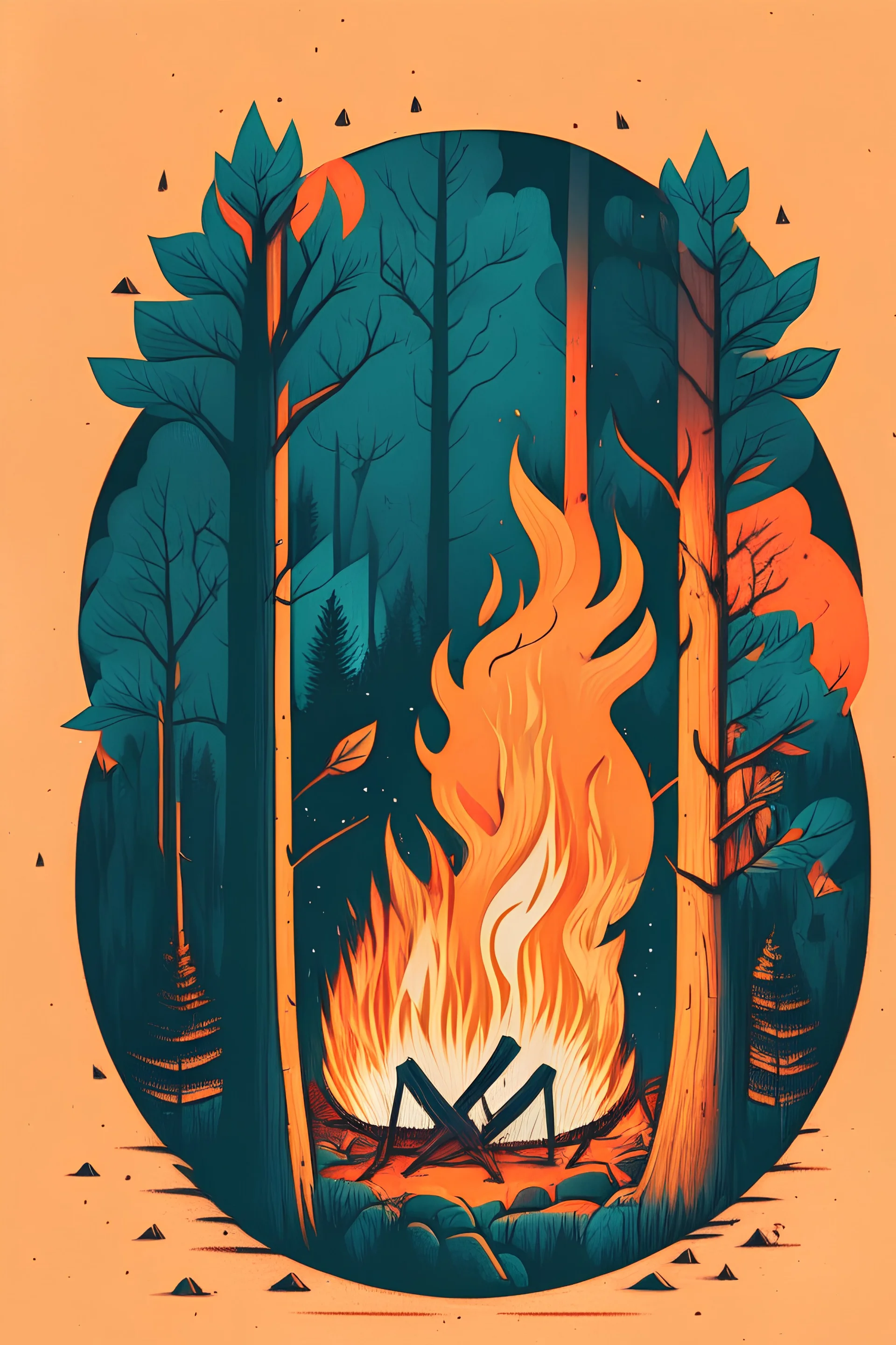 perfect round ball burning in a bonfire inside a forest, 2D flat illustration style, monoline, 3 colors max