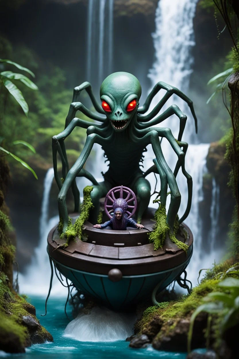 action figure of an alien spider electric eel necromancer on round swamp boat beholder eye wheel throne in a charged foggy jungle waterfall