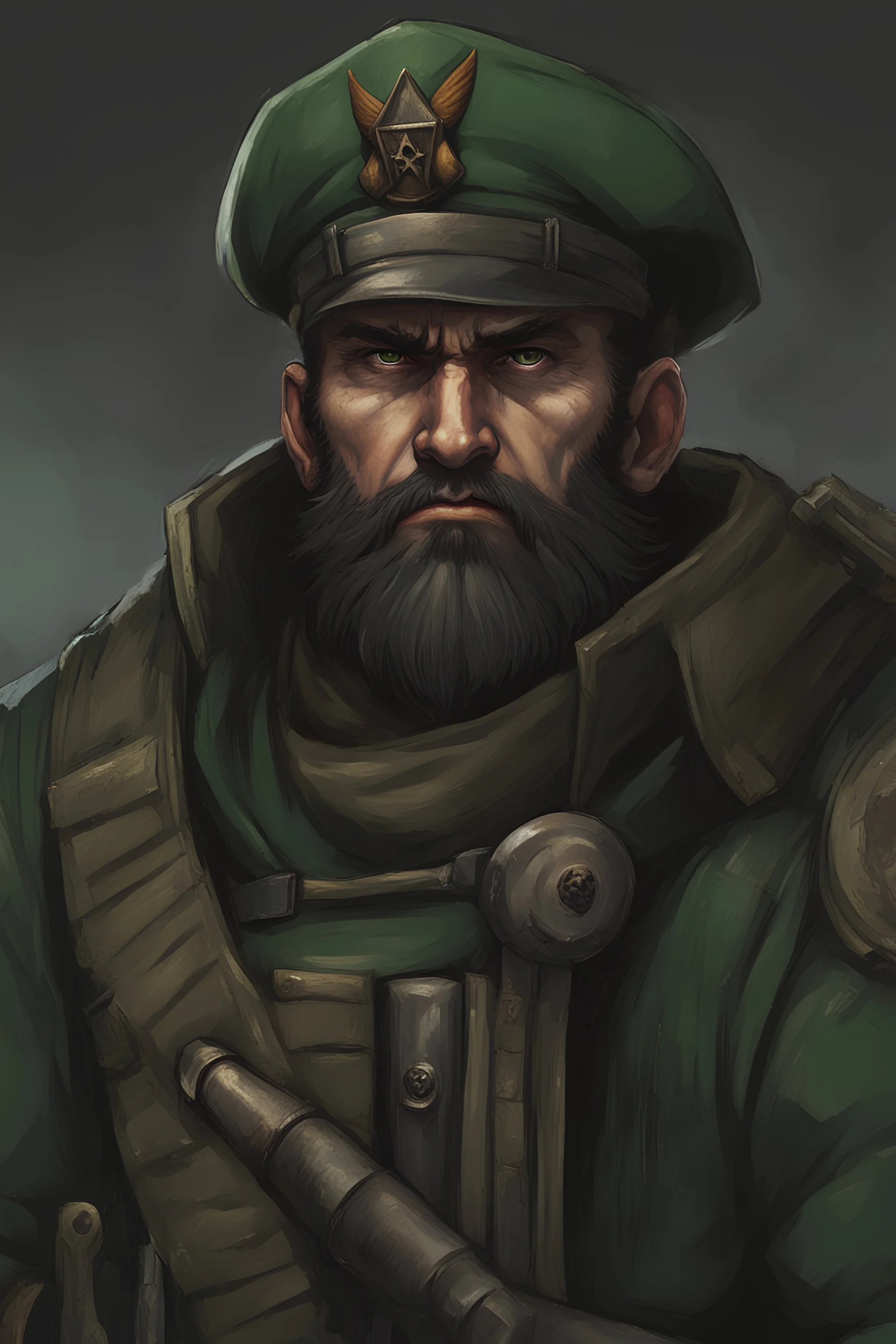 warhammer 40k rogue trader male rugged features with brown colored beard dark green eyes and black military beret green clothes holding sword full body grim propaganda