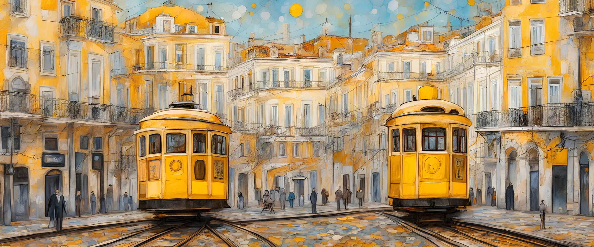 lisbon city view with famous yellow tram in gustav klimt style