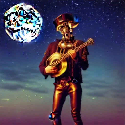 cyborg one man band, instruments, full moon background center large, steampunk style, 3d, hd