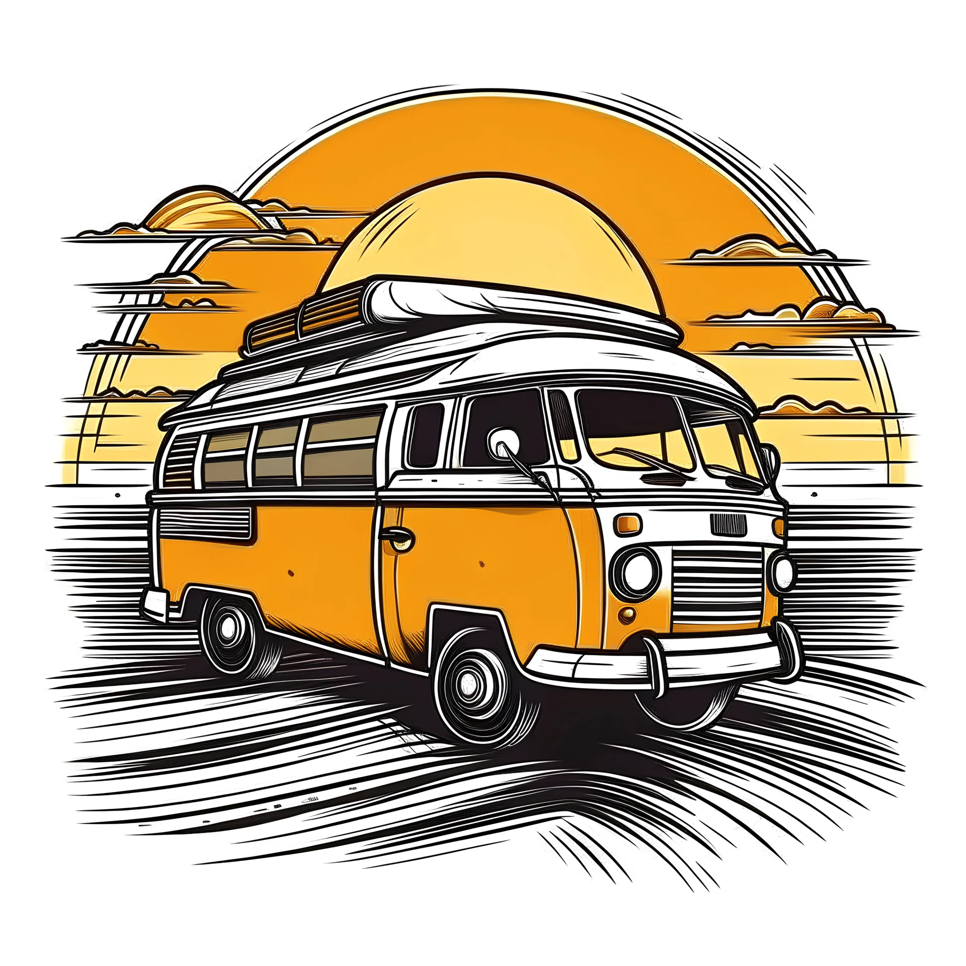 A retro camper van parked by the ocean, nostalgic, carefree, golden hour lighting, T-shirt design graphic, vector, contour, white background.
