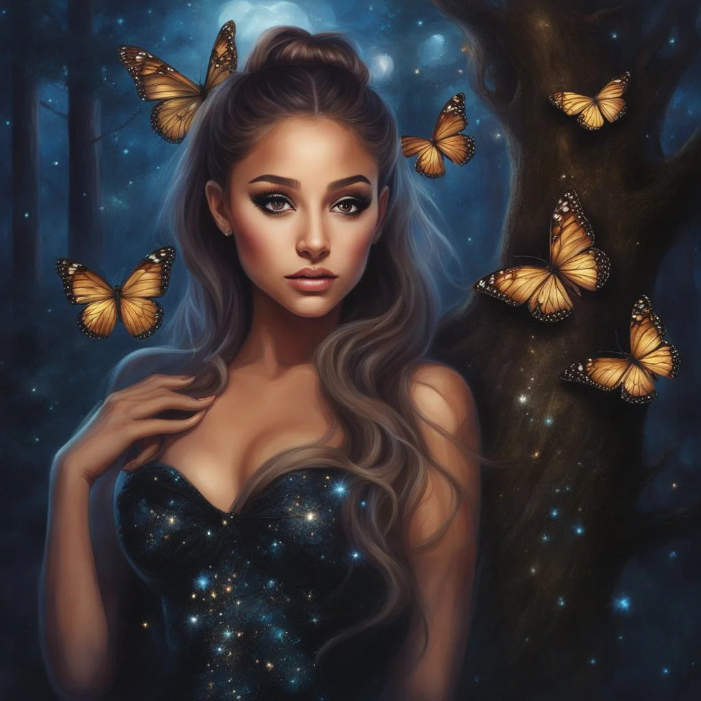 Painting of a beautiful girl, beautiful, pretty face, young girl, fantasy art, Ariana Grande's face, dream, trees, forest, dark night, song, glitter butterflies, fantasy