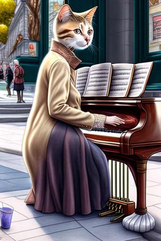 One single mature cat lady playing piano on the street, Vienna, friendly, model style, hyper realistic, extremely accurate, delicate, extremely detailed, Graphic novel style, wide-angle, open aperture, superfine pencil