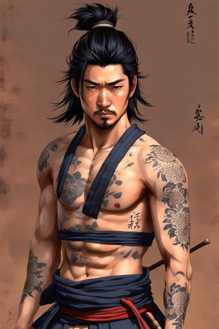 A Young Man who is a Samurai, he has scars, cuts, and marks on his body. His body looks war torn, and he is missing his left arm from his shoulder. He has long black hair and has a stuble for facial hair.