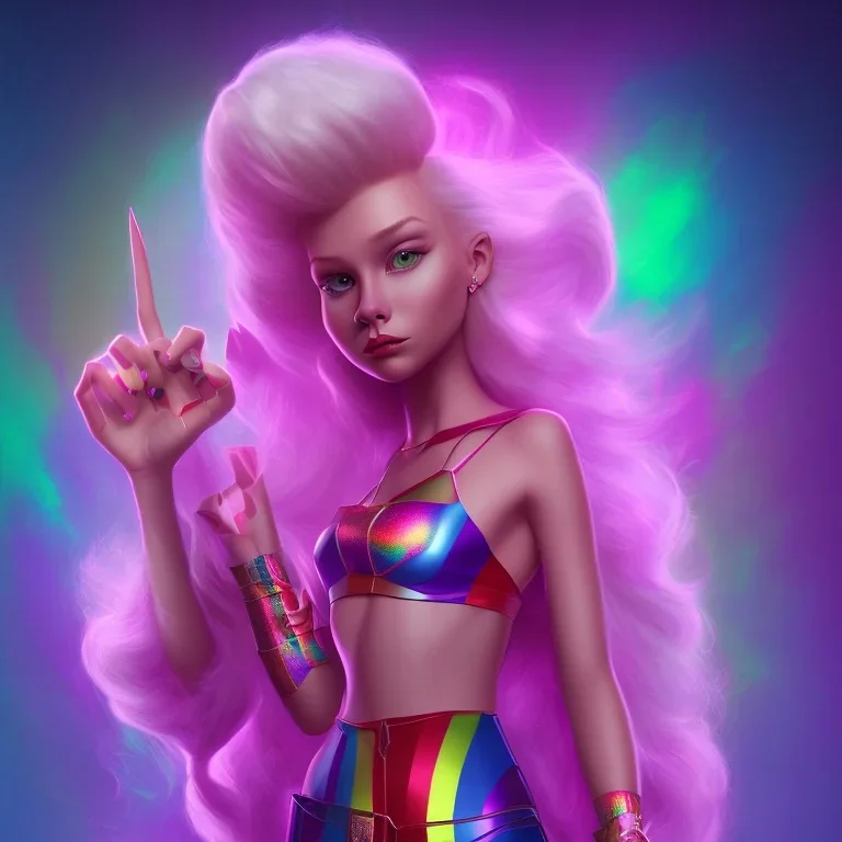 Enid Sinclair, netflix series Wednesday, claws, rainbow outfit, teenager, blonde hair with pink and purple highlights, hands behind back