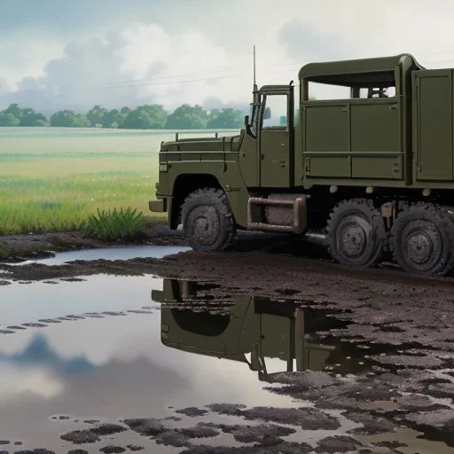 hyperrealistic shot, muddy military toy truck, monotone color palette, sharp focus, puddle reflection, tire mud splash, refraction, mist on the horizon, lightning, shadowcast, detailed and intricate, cinematic composition, micro, tilt shift photography