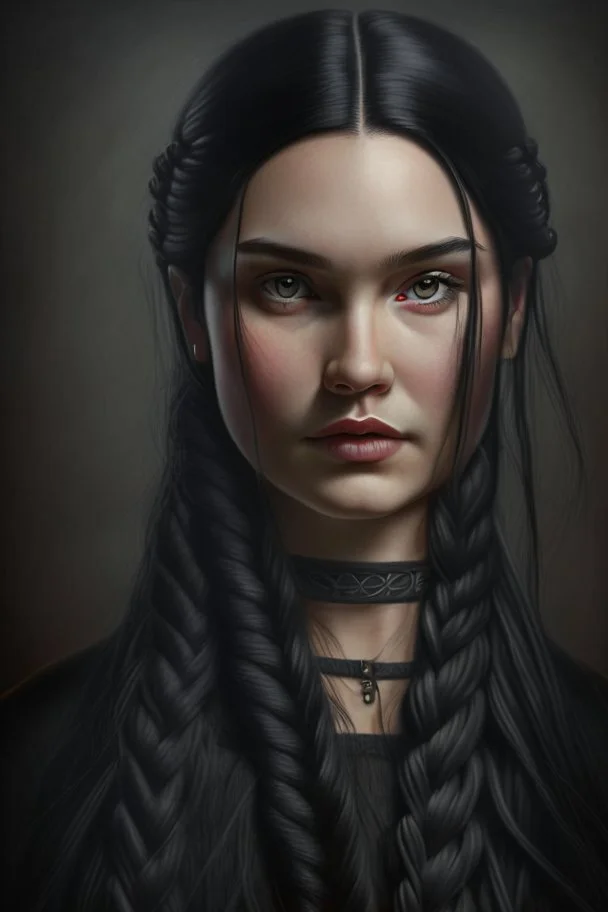 Portrait of a young woman, long black hair in a braid, dark eyes, proud look, extremely beautiful