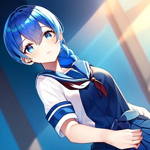 girl, masterpiece, best quality, volumetric lighting, detailed outfit, perfect eyes, blue hair, blue eyes, school outfit, braided ponytail,