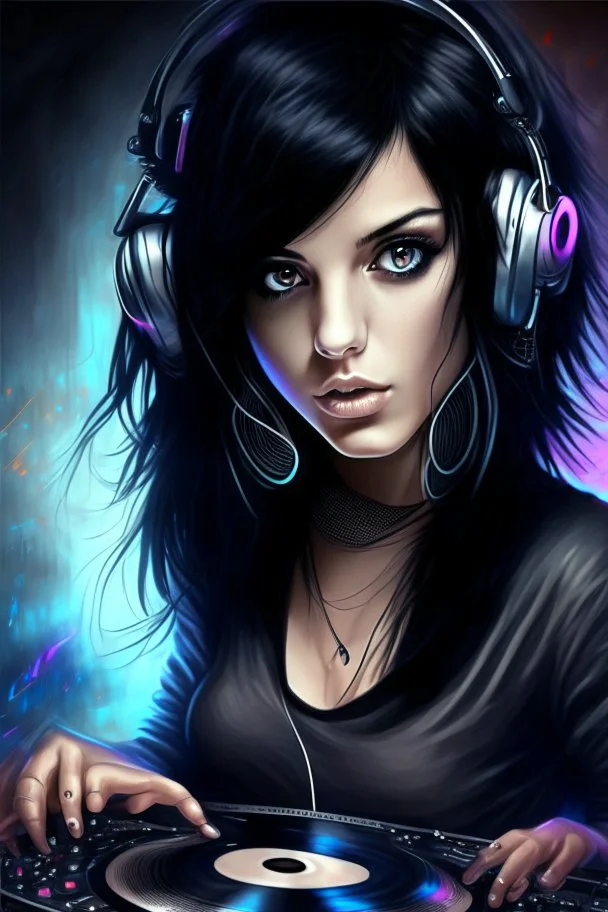 Raven Haired Grey eyed Beautiful DJ girl spinning tunes at a disco club