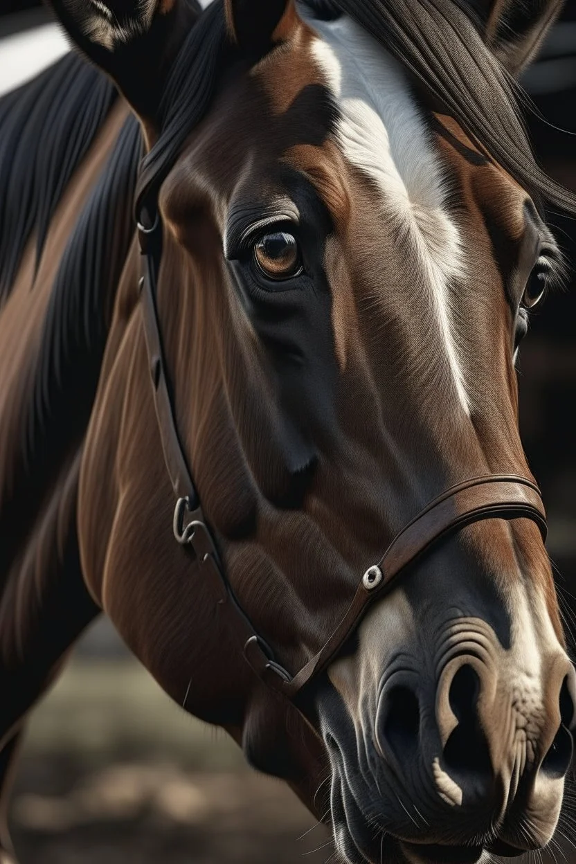 Horse with small overly realistic human eyes, staring at the point of view,