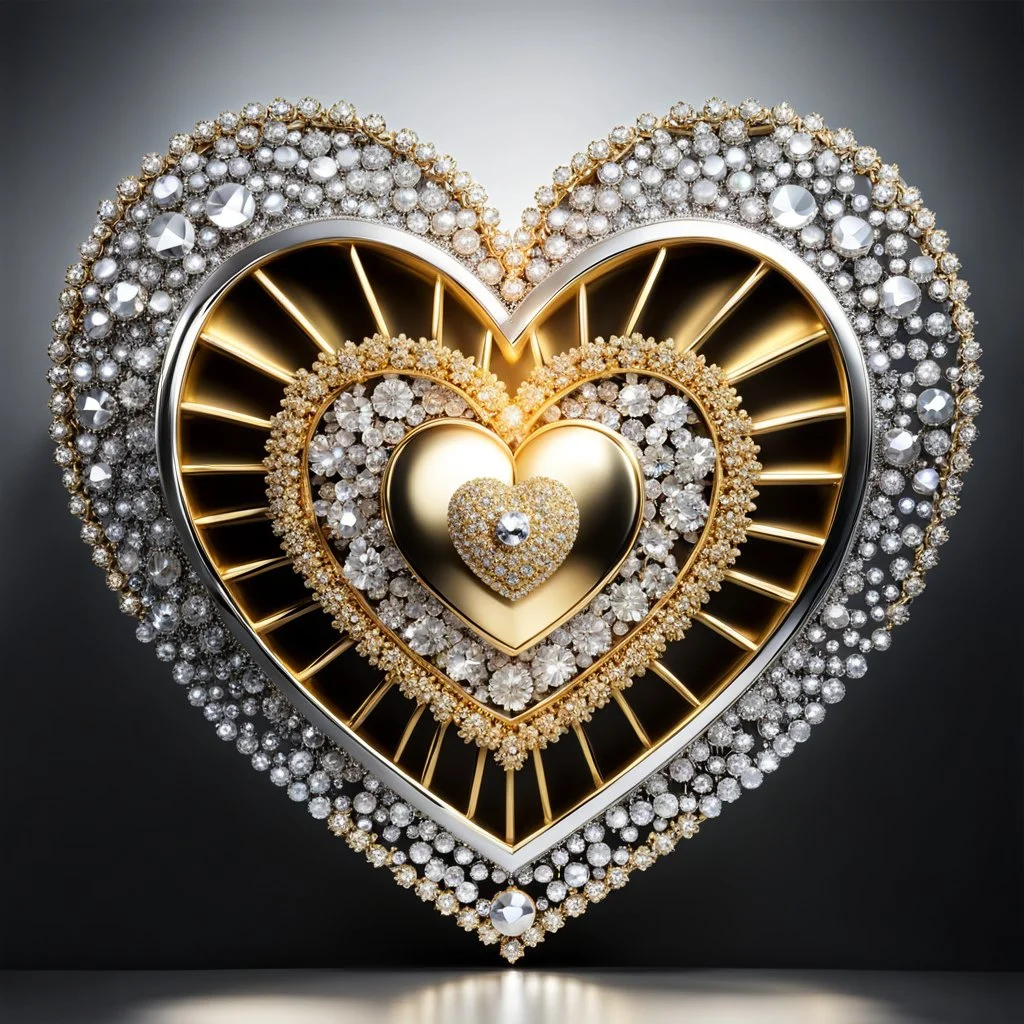 A magnificent golden and silver heart-shaped sign adorned with a stunning golden sphere encrusted with sparkling diamond clusters at its center, elegantly spinning in position.