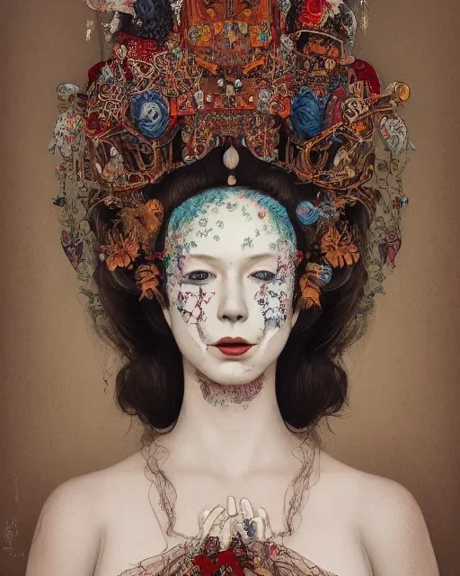 head and shoulders portrait of Queen Mary, face paint, jester hat, sad expression, Takato Yamamoto artist, Akiya Kageichi artist, Jedediah Berry inspired, 8k resolution concept art portrait, dynamic lighting, hyperdetailed, intricately detailed, maximalist, beautiful, peaceful