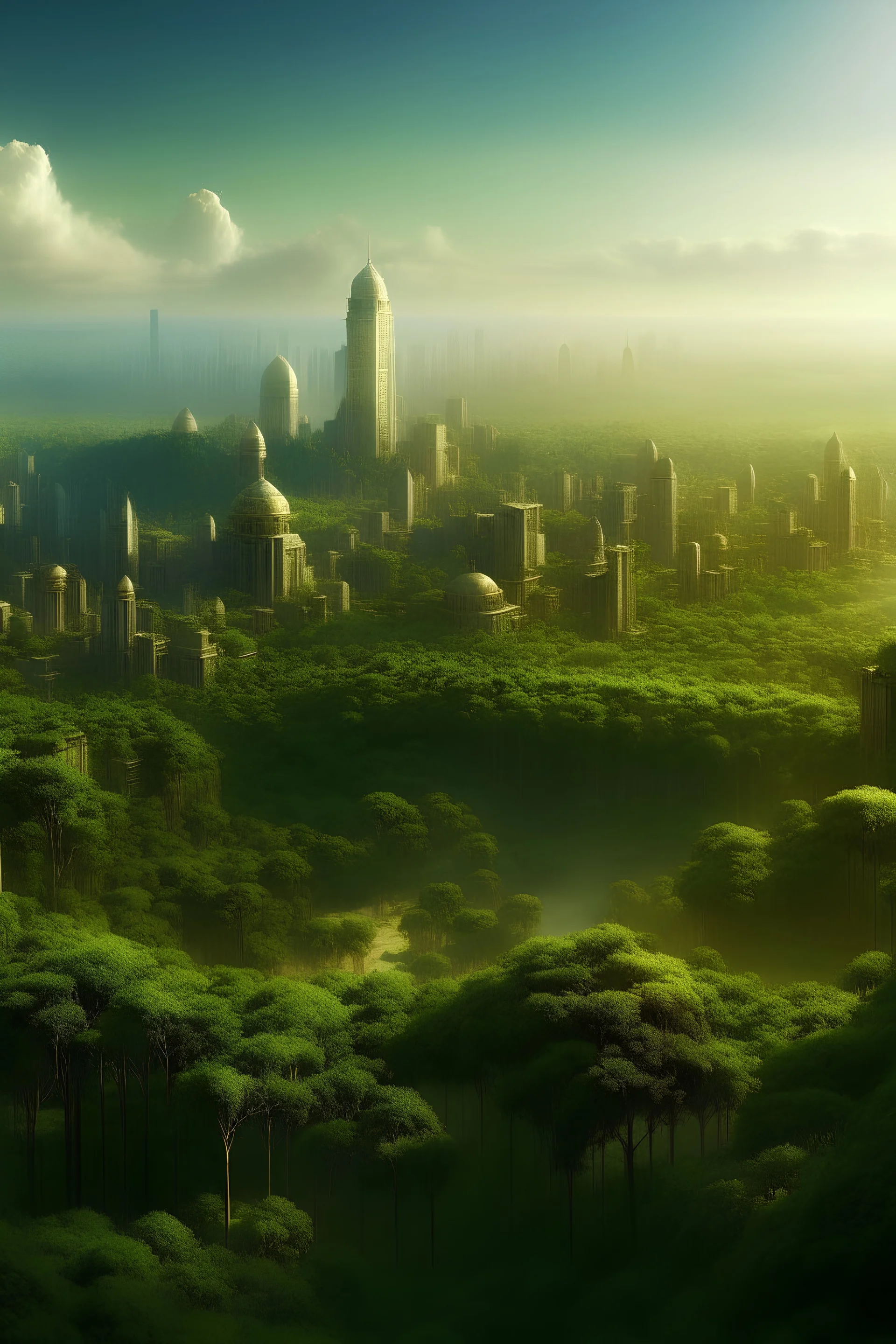 A beautiful city with dense forests next to it