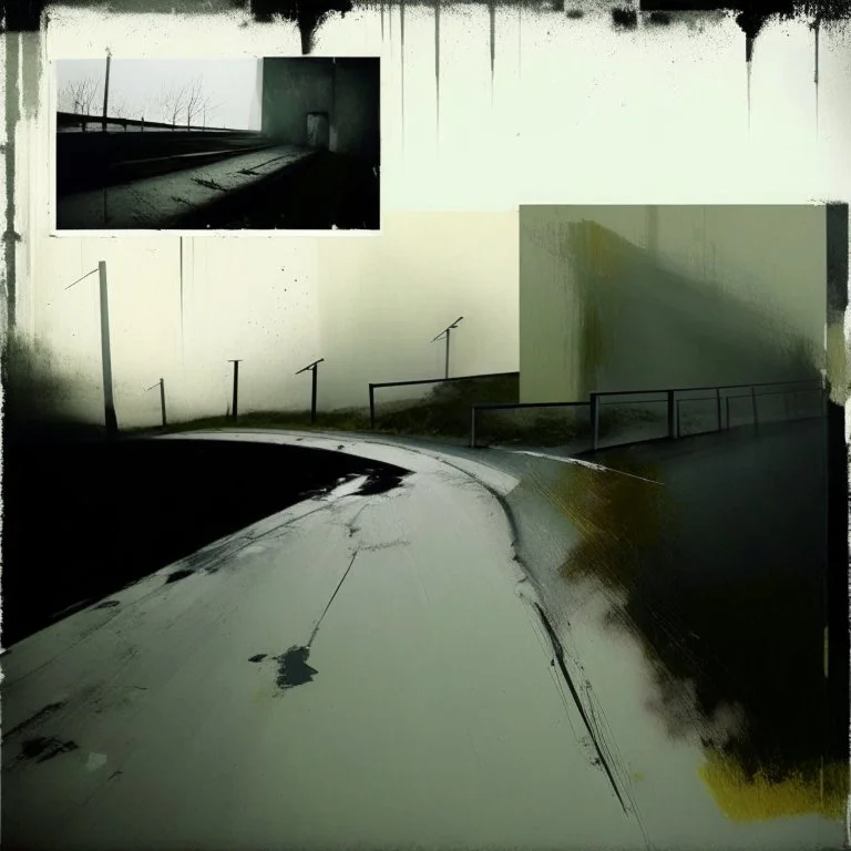 A desolate concrete road with steps to a bridge. In the style of Justin Mortimer and Phil Hale. Minimalist contemporary painting with rough brushstrokes.