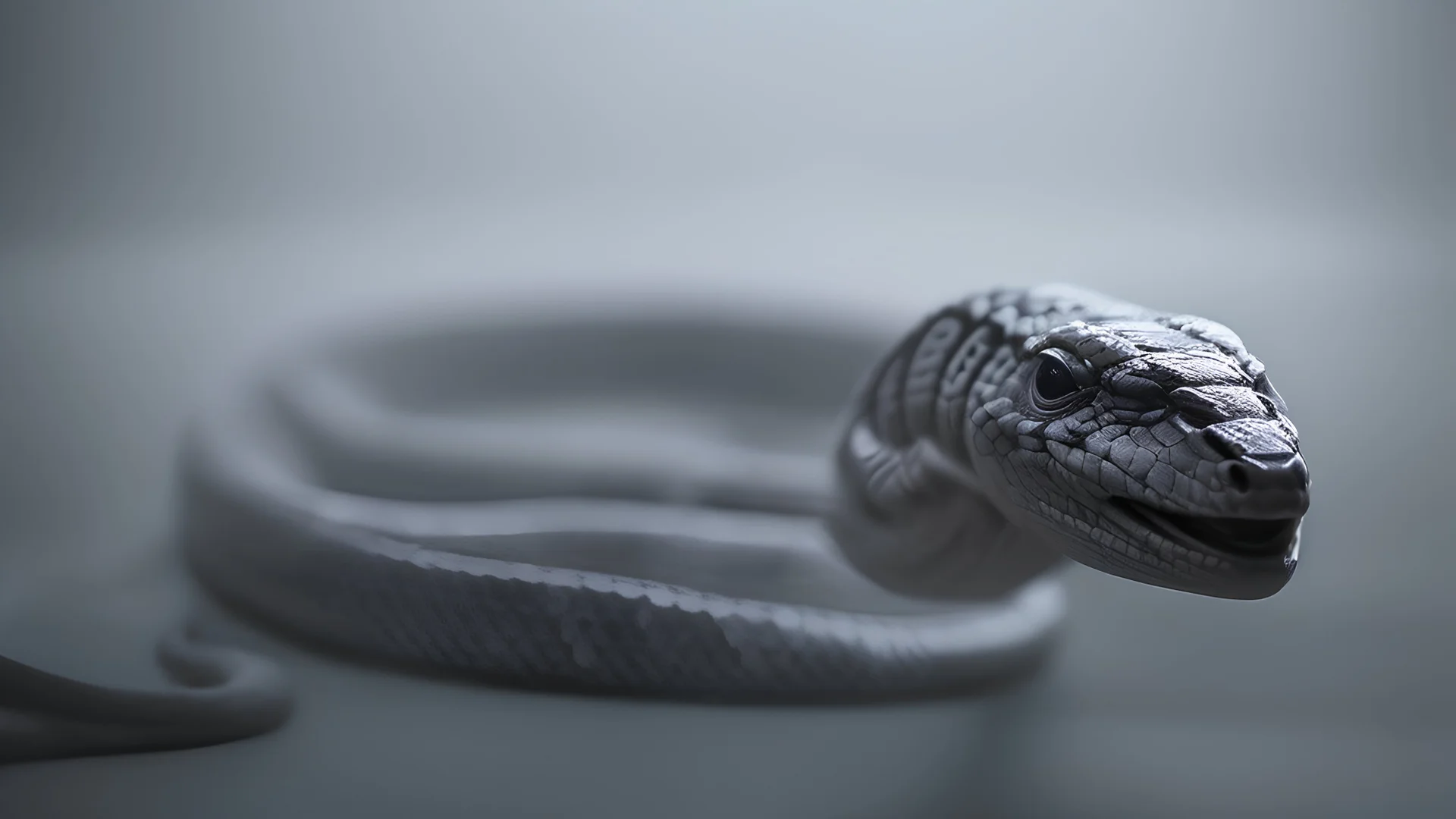 photoreal alien with grey skin as powerful snake with lightning eyes in heavy grey blue mist in a dusty attic at night by lee jeffries, 8k, high detail, smooth render, unreal engine 5, cinema 4d, HDR, dust effect, vivid colors