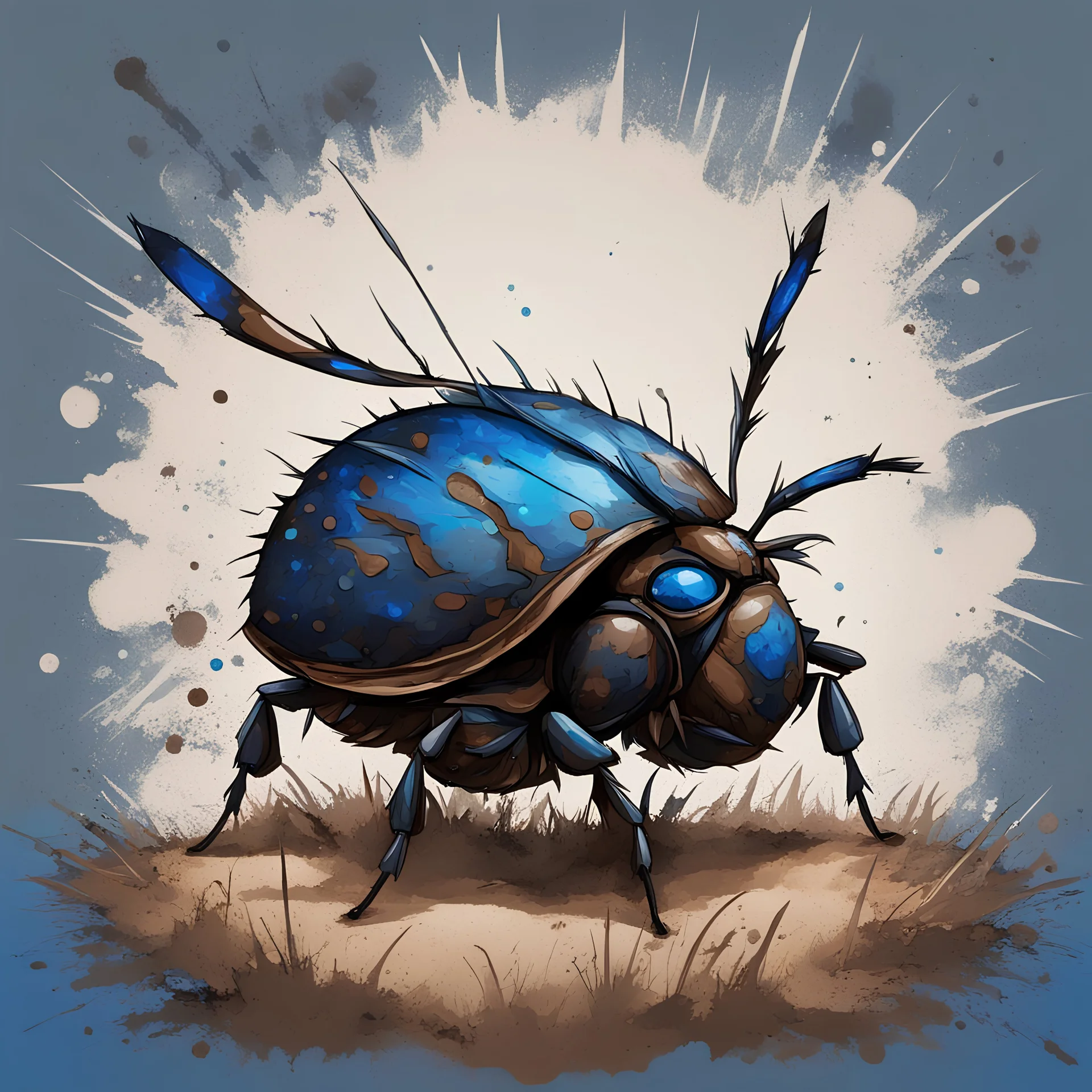 Windy Beetle with a shell made of dark grays and browns with blue trim and topping and wing-like spikes, background windy plains, in splatter art style