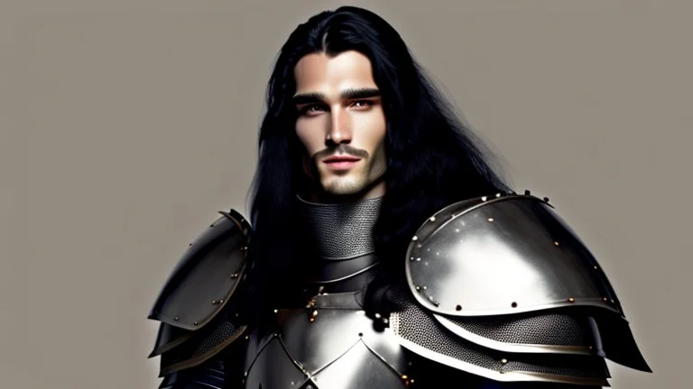 A dashing knight in steel plate armour, long black hair, pretty face, dignified