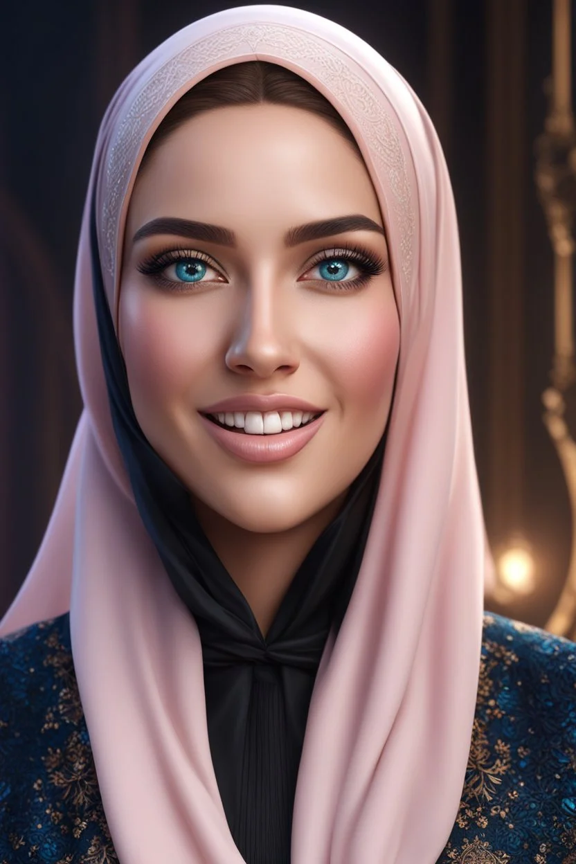 Happy young woman beauty hijab , crow hair, highlights, deep blue eyes, black blouse, light blush portrait, 8k resolution concept art portrait by addie_digi, dynamic lighting hyperdetailed intricately detailed Splash art trending on Art Station triadic colors Unreal Engine 5 volumetric lighting.