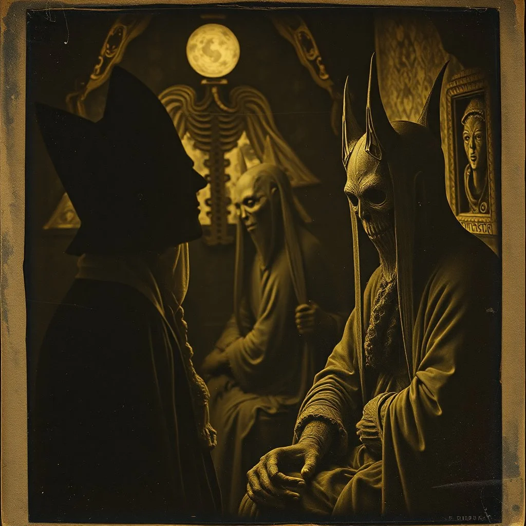 Daguerrotype close up some mysterious figures, odd background, Hieronymus Bosch Max Ernst ambient light, by Minicavio Quollati and Marlost Endgulp, Amano, Botticelli, Alphonse Mucha