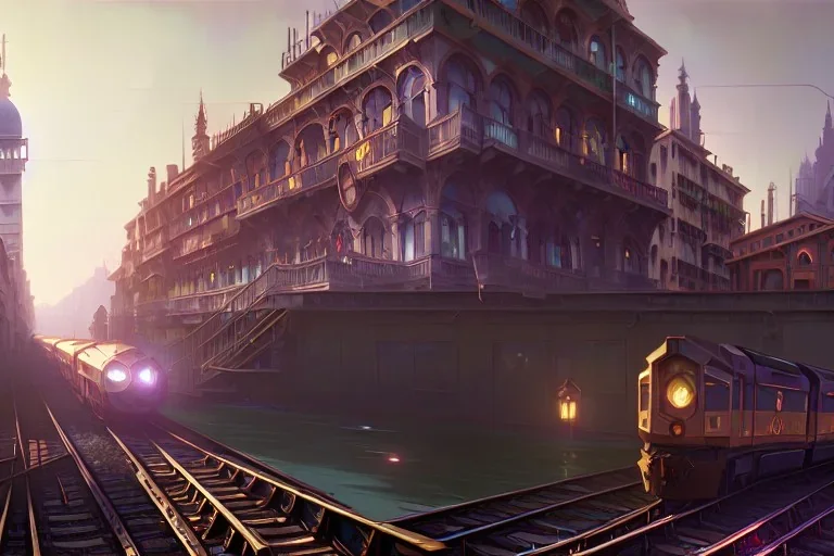 close up train+Elevated train+corner Venice building+Italian sea village +alphonse mucha, greg rutkowski,matte painting, cryengine, hyper detailed, felix kelly, fantasy art, seb mckinnon