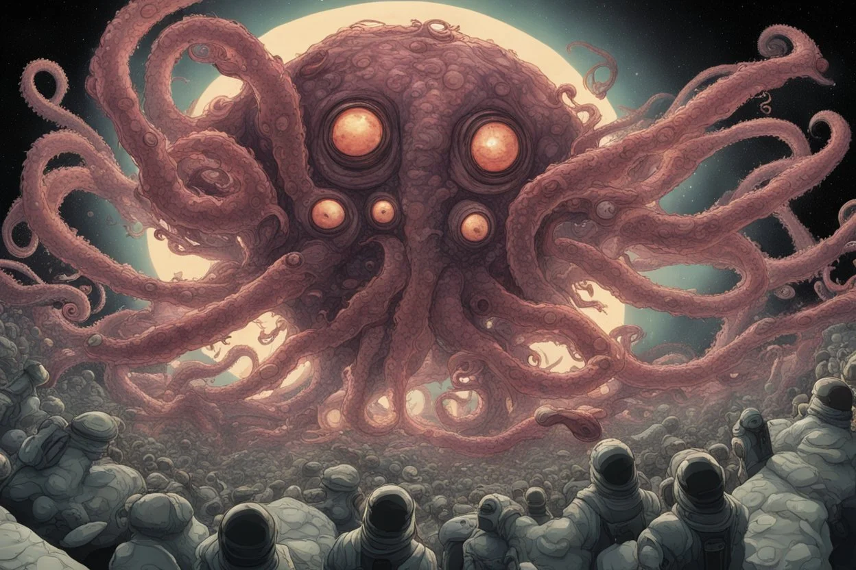 View into an event horizon in space with many enormous strange tentacled creatures with huge eyes and mouths flying around