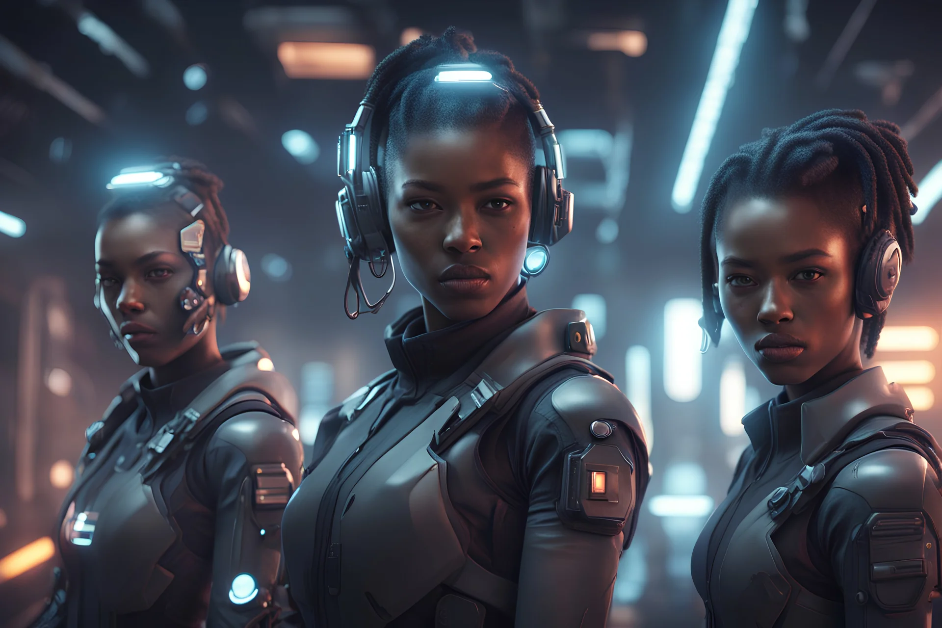 recruits in training, dark and light skinned,16k, 3d rendering, expressively detailed, futuristic, cyberpunk, dynamic light, expressive lighting,