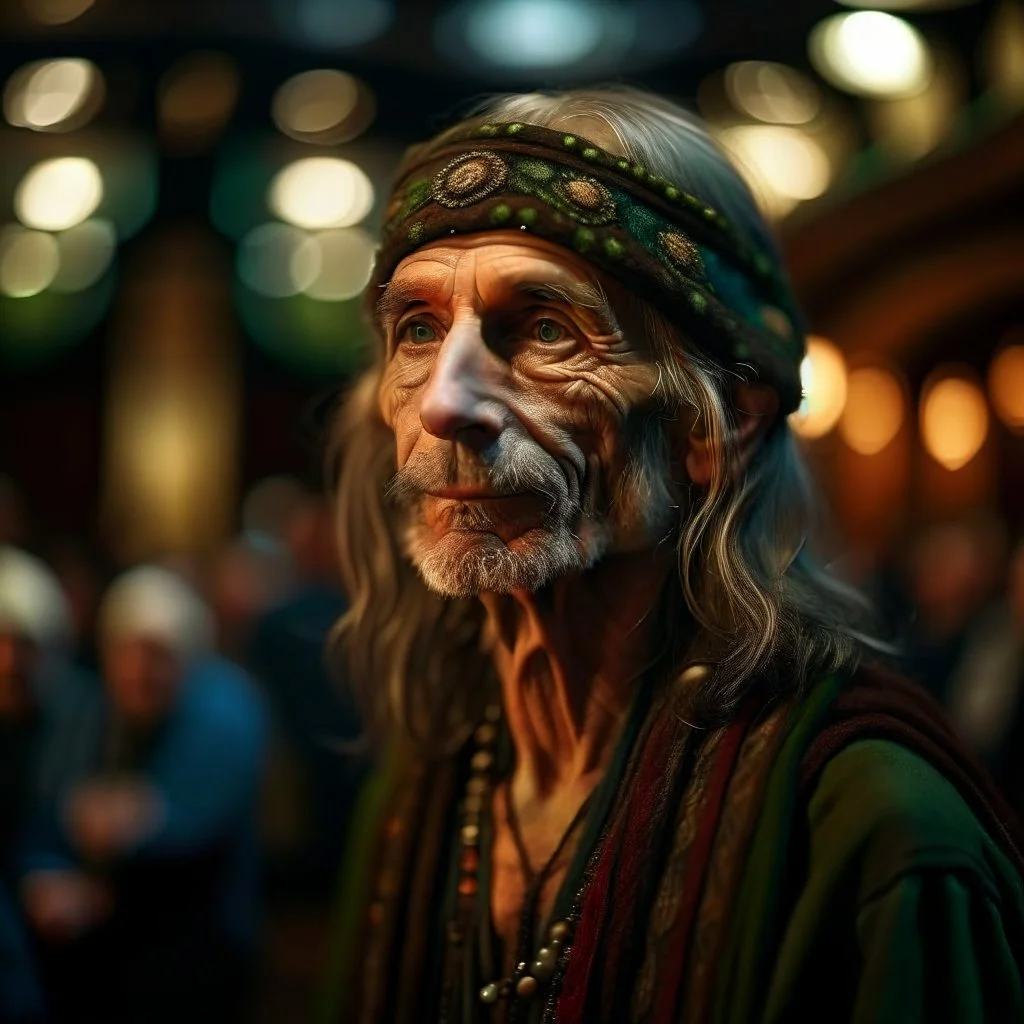 portrait of hippie wood elf in dark royal ancient concert hall , photo-realistic, shot on Hasselblad h6d-400c, zeiss prime lens, bokeh like f/0.8, tilt-shift lens 8k, high detail, smooth render, down-light, unreal engine, downlight