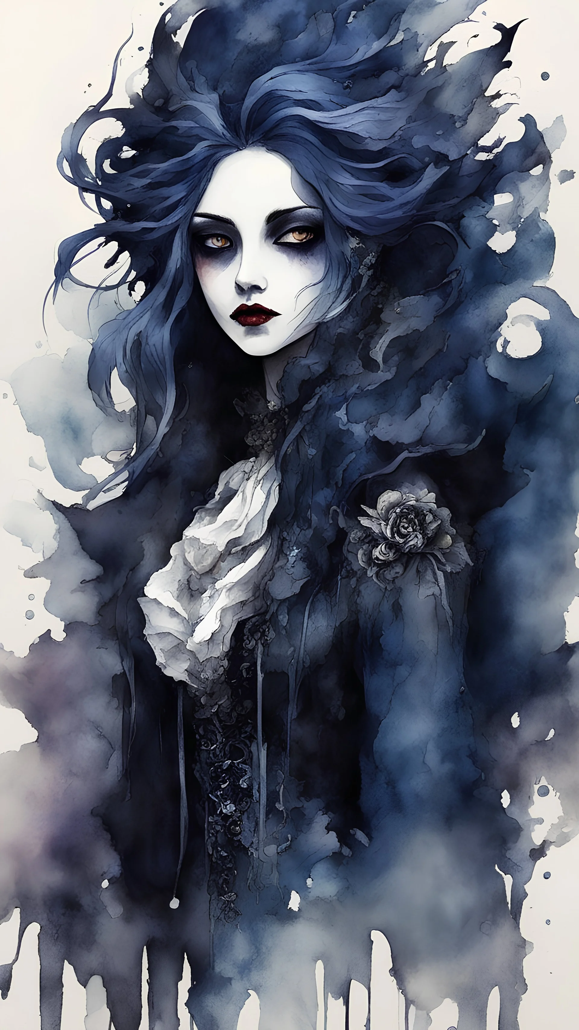 an deeply abstract ink wash and watercolor illustration of a Goth vampire girl with highly detailed hair and facial features , in the abstract expressionist style, indigo and jasper, ragged and torn Victorian costumes, hard , gritty, and edgy depictions, full body, fullshot, vibrant forms, Shironuri, Mori Kei, ethereal, otherworldly