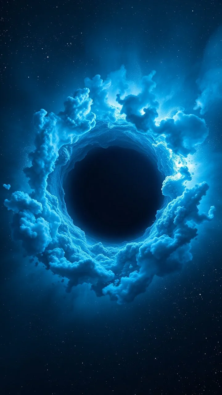 Intense cold dark blue Hole explosion in deep space. Hole apocalypse wipes out Universe. Cold blue cloudy hole collision explodes in outer space.a shape of devilish dark body with hood in the hole like sucked in side Epic galaxy with growing black hole. Cinematic interstellar