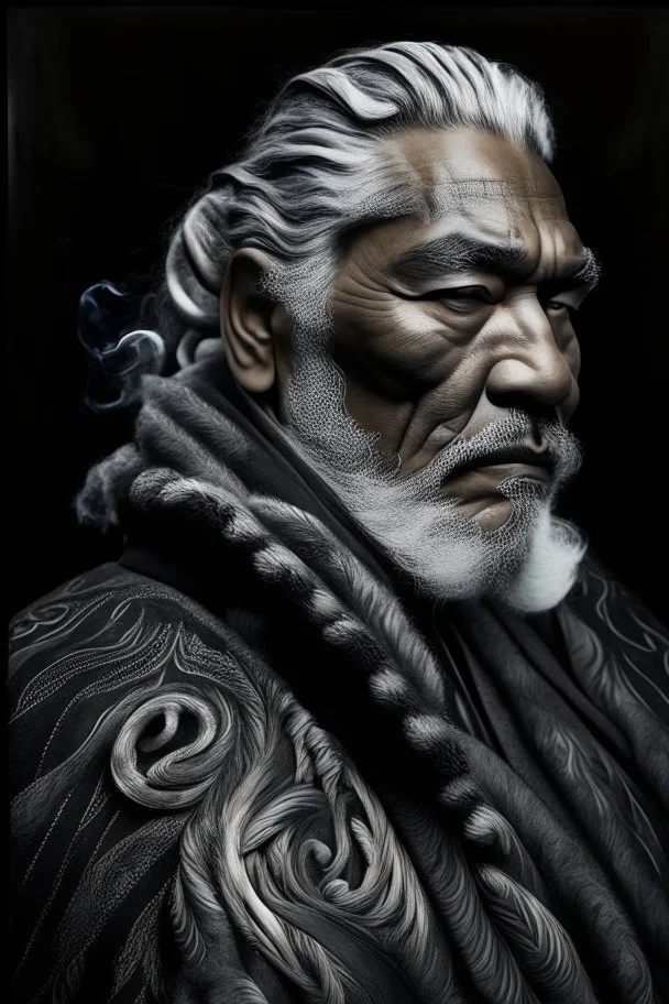 a photo of an Maori man with ethnic jewelry, grey hair and grey flowing robe, in style of Annie Leibovitz, contemporary portrait of a mature yet beautiful and modernist man, black and grey, detailed masculine face, swirling fluid smokey enigma, award-winning artwork