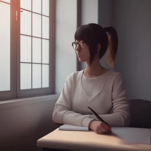 female student studying by the window, anime style, unreal engine 5, cinema4d, sun light, studio lighting --ar 1:1 --v 4