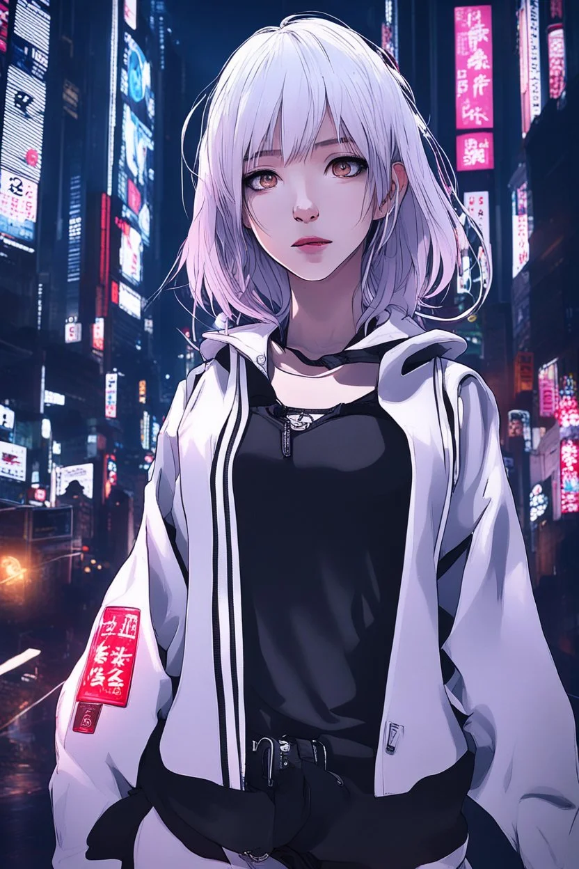 1girl,(8k, RAW photo, best quality, masterpiece:1.3),(realistic,photo-realistic:1.37),(night),(looking at viewer:1.331),(white hair),posing,Tokyo street,nightcityscape, , cyberpunk city,soft light,1girl,extremely beautiful face,bust,put down hands,Random hairstyle,Random expression,big eyes, ,lower abdomen,(short-sleeved JK_shirt),JK_style,(dark blue JK_skirt) ,(bow JK_tie),,mix4, an extremely delicate and beautiful girl, depth of field, blurry background, blurry foreground,, delicate, beautifu