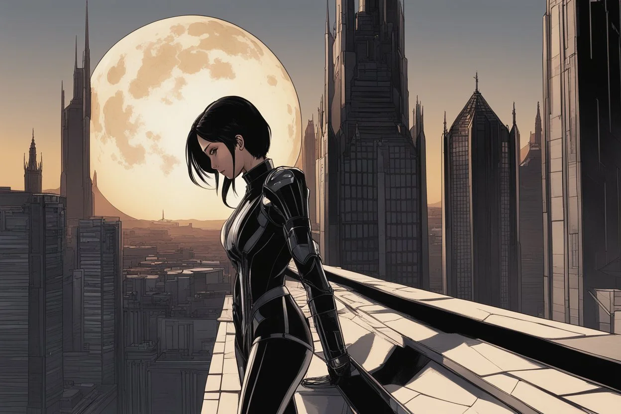 A slim Woman With Black shoulder length hair, Wearing an android-looking suit, standing sideways On a ledge of a building, with a moon Behind Her Head, towering spires and buildings highlighted by the setting sun