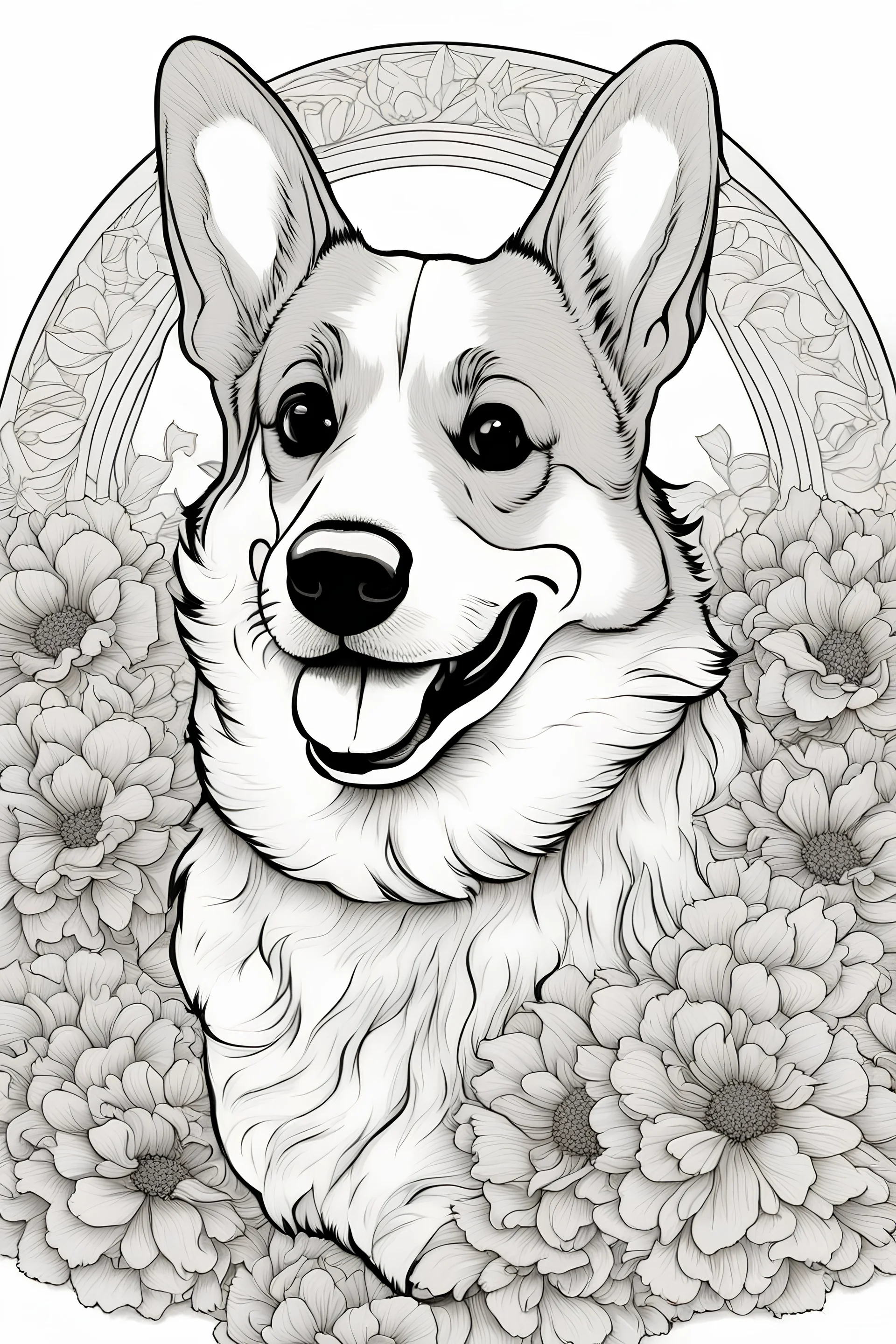 Portrait of a Corgi in a lively field of marigolds, mature coloring artwork, contour, vector, clean line art, white background, detailed, black and white, in the style of Mandala design