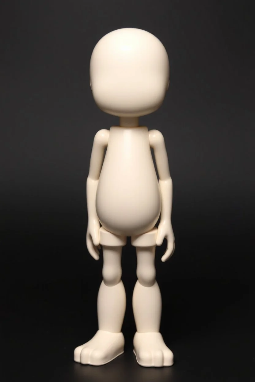 a simple standing animated figure (head molded into shoulders, no neck, legs molded from bottom of body, a completely flat face area, stubby legs, bulky arms, no painted details, white in color) vinyl art toy