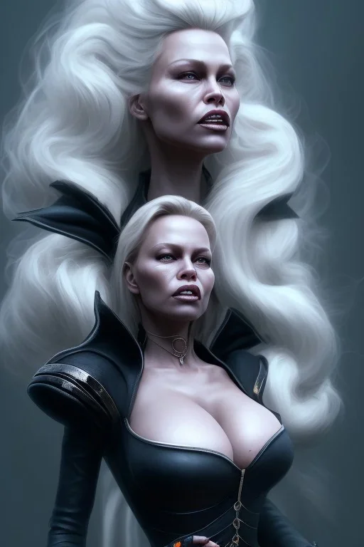 Pamela Anderson as evil queen in black leather, leather, busty, cleavage, angry, stern look. character design by cory loftis, fenghua zhong, ryohei hase, ismail inceoglu and ruan jia. unreal engine 5, artistic lighting, highly detailed, photorealistic, fantasy.