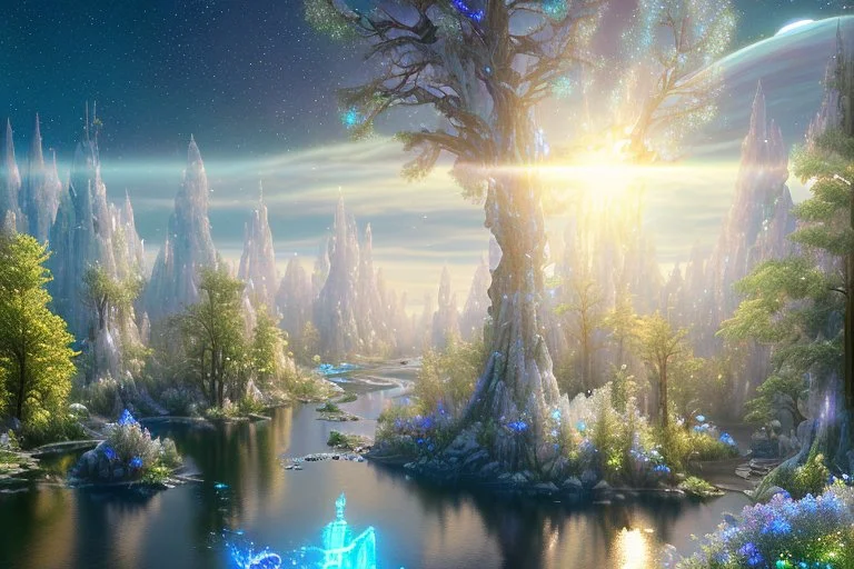 white and blue crystal cosmic and galactic ambiance river sky trees , full of details, smooth, bright sunshine，soft light atmosphere, light effect，vaporwave colorful, concept art, smooth, extremely sharp detail, finely tuned detail, ultra high definition, 8 k, unreal engine 5, ultra sharp focus