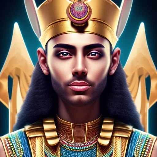 3D close-up of a beautiful Egyptian pharaonic king, sarcastic smile, high contrast, glowing backlighting, blue and red backlighting, vibrant hair, dark brown eyes, sharp focus, high makeup, face painting, background blur.