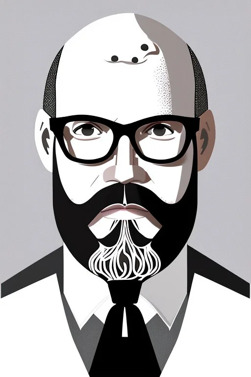 black and white,real estate agent,bald male withe beard,55 years old,glasses,, necktie,portly,detailed drawing,white background