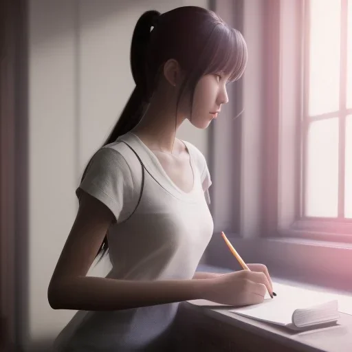 female student studying by the window, anime style, unreal engine 5, sun light, studio lighting --ar 1:1 --v 4