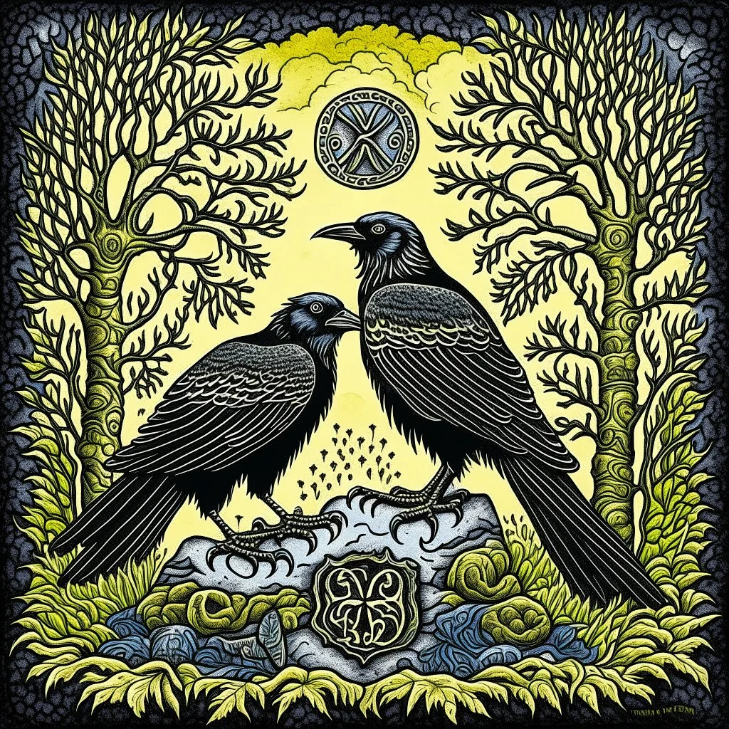 European pagan rune art with nature and ravens