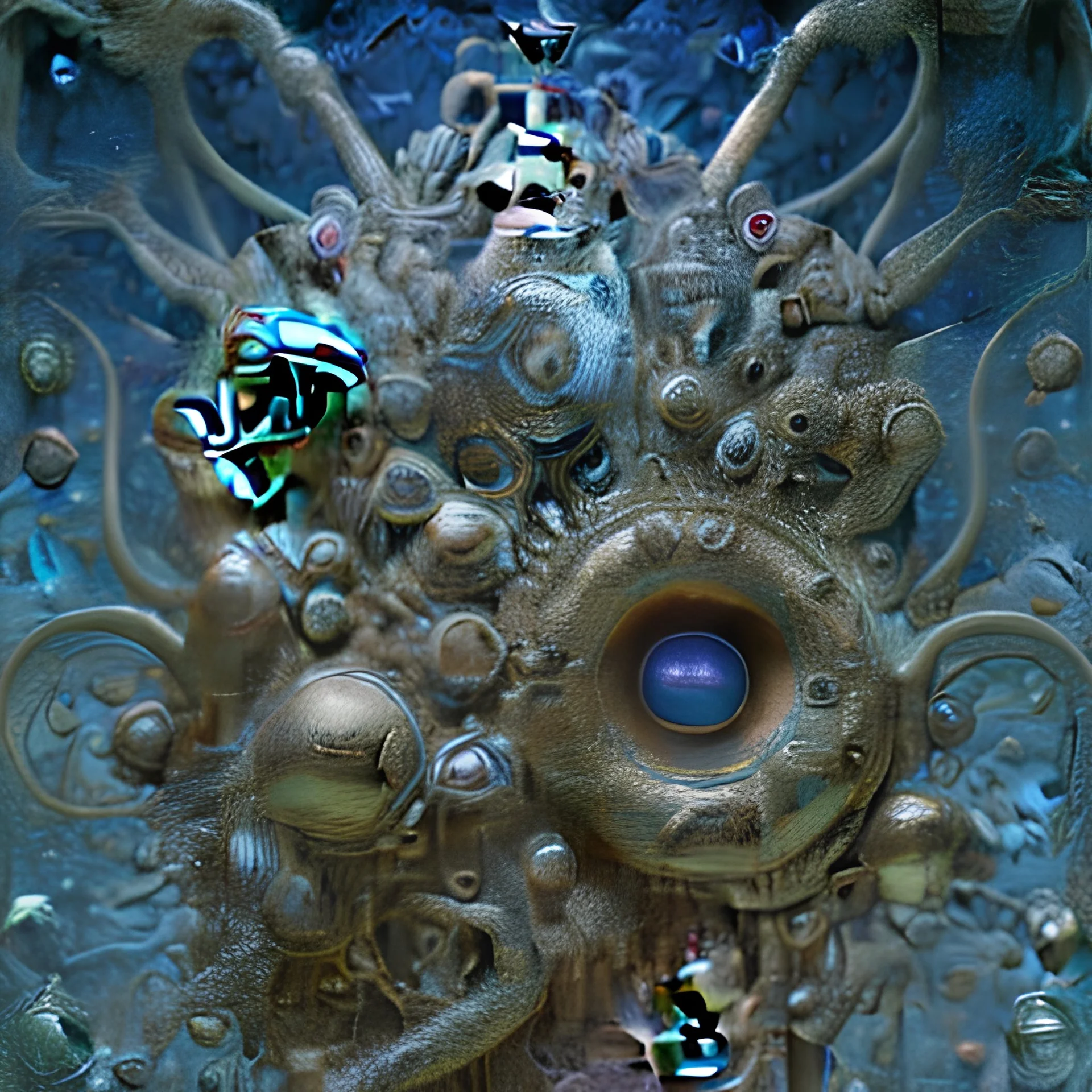 realistic extremely detailed photo of odd beings 3d, mix of Max Ernst, Jean Delville, Ernst Haeckel, Edward Robert Hughes, Stanisław Szukalski, rich moody colors, sparkles, holographic krypton ion, blue eyes, octane render, 8k, f32, 55mm photography