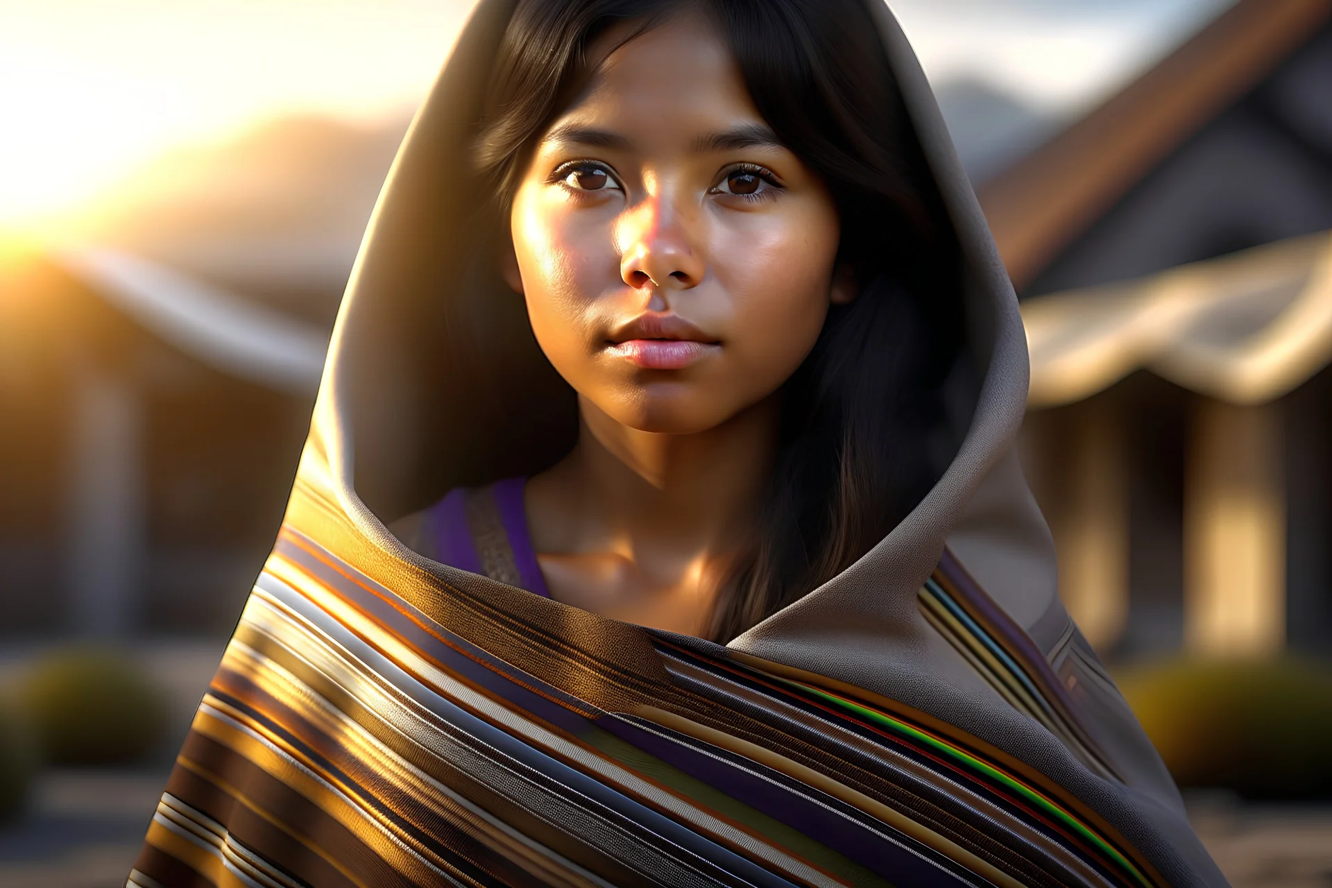 Digital art, high quality, digital masterpiece, natural illumination, spotlight, realistic, film style, beautiful, (1 beautiful peruvian young girl walking, wearing a cute Peruvian poncho:3), (cute femenine face:1.8), (sexy eyes:1), tan skin, (Peruvian poncho:3), (Inca temple at background:1.2), (Inca terraces:1.5)